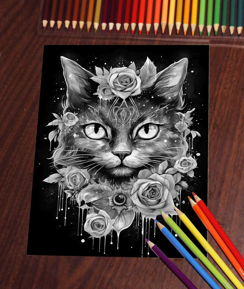 K&ouml;nnte beinhalten: Schwarzwei&szlig;-Illustration eines Katzenkopfes mit Rosen und anderen Blumen drumherum. Die Katze hat einen ernsten Ausdruck und gro&szlig;e, runde Augen. Der Hintergrund ist schwarz.