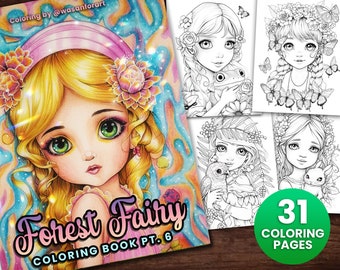 Delicato libro da colorare per ragazze fata della foresta 5 Fantasy Anime, download immediato per adulti e bambini - regalo per pagina da colorare in scala di grigi, PDF artistico stampabile