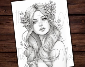 Pretty Lady Shiny Hair Hermosa página para colorear, adultos y niños- Descarga instantánea - Página para colorear en escala de grises - Regalo, Hada PDF, Mujer hermosa