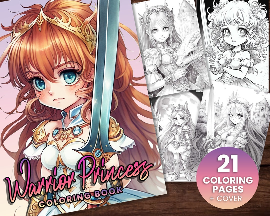 Warrior Princess Girls Fantasy Anime Coloring Page, Adults Kids Instant