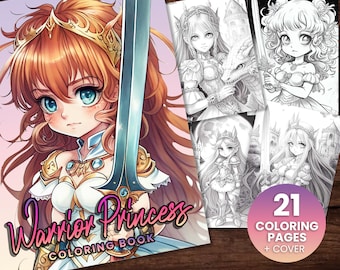 Página para colorear de anime de fantasía de Warrior Princess Girls, adultos + niños- Descarga instantánea - Página para colorear en escala de grises - Regalo, Arte imprimible PDF