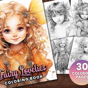 30 Fairy Lovelies Fantasy Anime Coloring Page, Adults + kids- Instant Download - Grayscale Coloring Page - Gift, Printable Art PDF