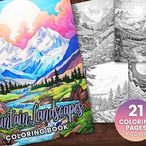 21 Mountain Landscapes Coloring Book, Adults kids Instant Download -Grayscale Coloring Book -Printable PDF, Mountain Landscapes, Skies Blue
