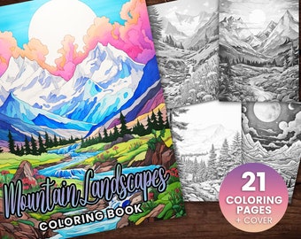 21 berglandschappen kleurboek, volwassenen kinderen Instant Download - grijswaarden kleurboek - afdrukbare PDF, berglandschappen, luchten blauw