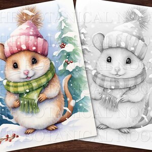 May include: A watercolor illustration of a cute mouse wearing a pink and white striped hat and a green and white striped scarf. The mouse is standing in the snow with a snowy background.