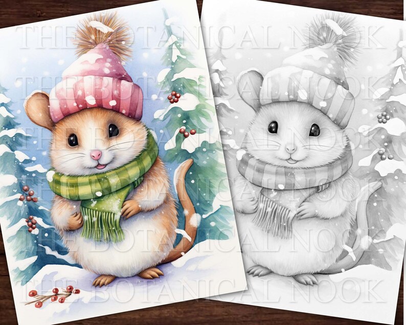 May include: A watercolor illustration of a cute mouse wearing a pink and white striped hat and a green and white striped scarf. The mouse is standing in the snow with a snowy background.
