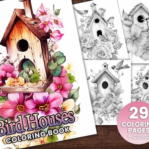 29 Bird Houses Cute Coloring Page Book, Adults + kids Instant Download Grayscale Coloring Page, Printable PDF birds, beauty, birds, flowers
