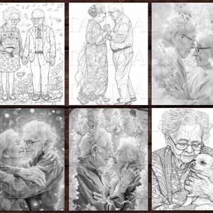 30 Elders in Love Coloring Pages Book, Adults kids Instant Download Grayscale Coloring Page, Printable PDF, Elders in love, adorable image 4