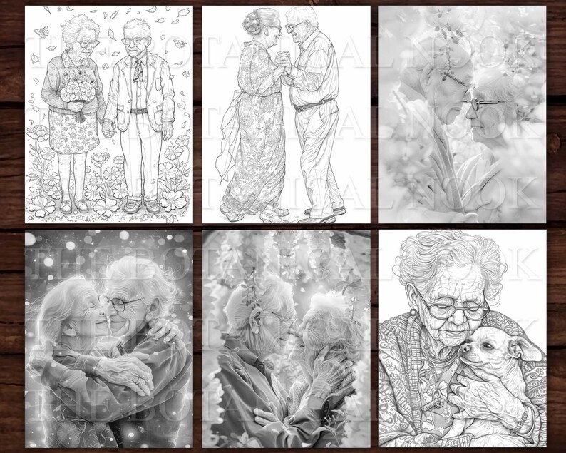 30 Elders in Love Coloring Pages Book, Adults kids Instant Download Grayscale Coloring Page, Printable PDF, Elders in love, adorable image 4