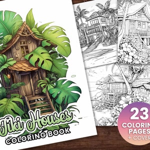 23 Tiki Tropical Houses Coloring Book, Adults kids Instant Download -Grayscale Coloring Book -Printable PDF, Leafy Houses, Fairy Houses