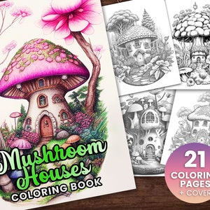 21 Mushroom Houses Coloring Page Book, Adults + kids- Instant Download - Grayscale Coloring Page Printable PDF,mushroom house, fantasy house