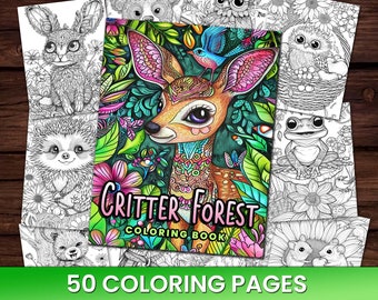 50 Critter Forest Cute Animal Coloring Page Book, Adults + kids Instant Download Grayscale Coloring Page, Printable PDF Hedgehog, Birds, Fox
