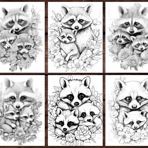 May include: A black and white illustration of a raccoon family with two babies. The raccoons are surrounded by flowers and leaves. The illustration is perfect for coloring.