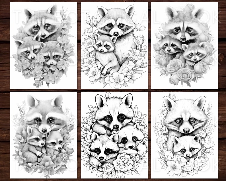 May include: A black and white illustration of a raccoon family with two babies. The raccoons are surrounded by flowers and leaves. The illustration is perfect for coloring.