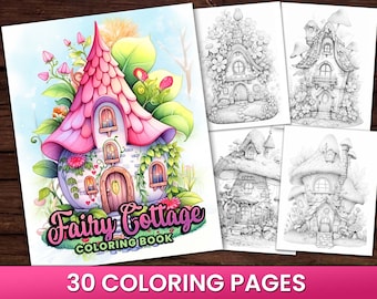 30 Blooming Fairy Cottages Coloring Book, Adults kids Instant Download -Grayscale Coloring Book -Printable PDF, Flower Houses, Fairy Houses