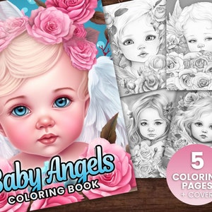 Baby Angel Darling Fantasy Coloring Page, Adultos + niños Descarga instantánea - Página para colorear en escala de grises PDF imprimible bebé, ángeles bebés jóvenes