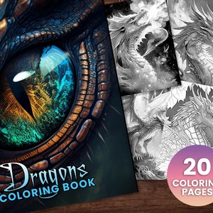 Dragon Fantasy Coloring Page Book, Adults + kids- Instant Download - Grayscale Coloring Page, Printable PDF, Dragons coloring, Dragon Scale