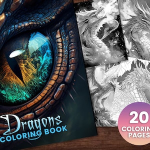 Dragon Fantasy Coloring Page Book, Adults + kids- Instant Download - Grayscale Coloring Page, Printable PDF, Dragons coloring, Dragon Scale