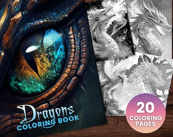 Dragon Fantasy Coloring Page Book, Adults + kids- Instant Download - Grayscale Coloring Page, Printable PDF, Dragons coloring, Dragon Scale