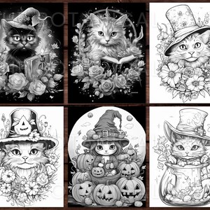 K&ouml;nnte beinhalten: Ein Set mit sechs Schwarzwei&szlig;-Malvorlagen, die Katzen zeigen, die Hexenh&uuml;te und andere Halloween-Accessoires tragen. Die Katzen sind von Blumen und anderen dekorativen Elementen umgeben.