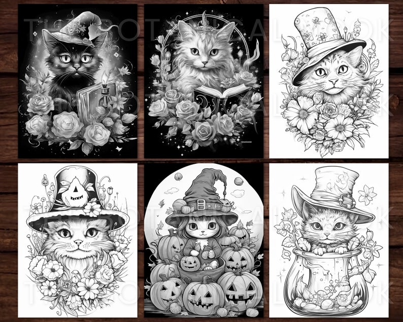 K&ouml;nnte beinhalten: Ein Set mit sechs Schwarzwei&szlig;-Malvorlagen, die Katzen zeigen, die Hexenh&uuml;te und andere Halloween-Accessoires tragen. Die Katzen sind von Blumen und anderen dekorativen Elementen umgeben.