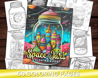 50 Space Jars Variety, Sweets, Ice Cream, Coloring Page Book, Adults + kids Instant Download Grayscale Coloring, Space, Space Jars, Planets