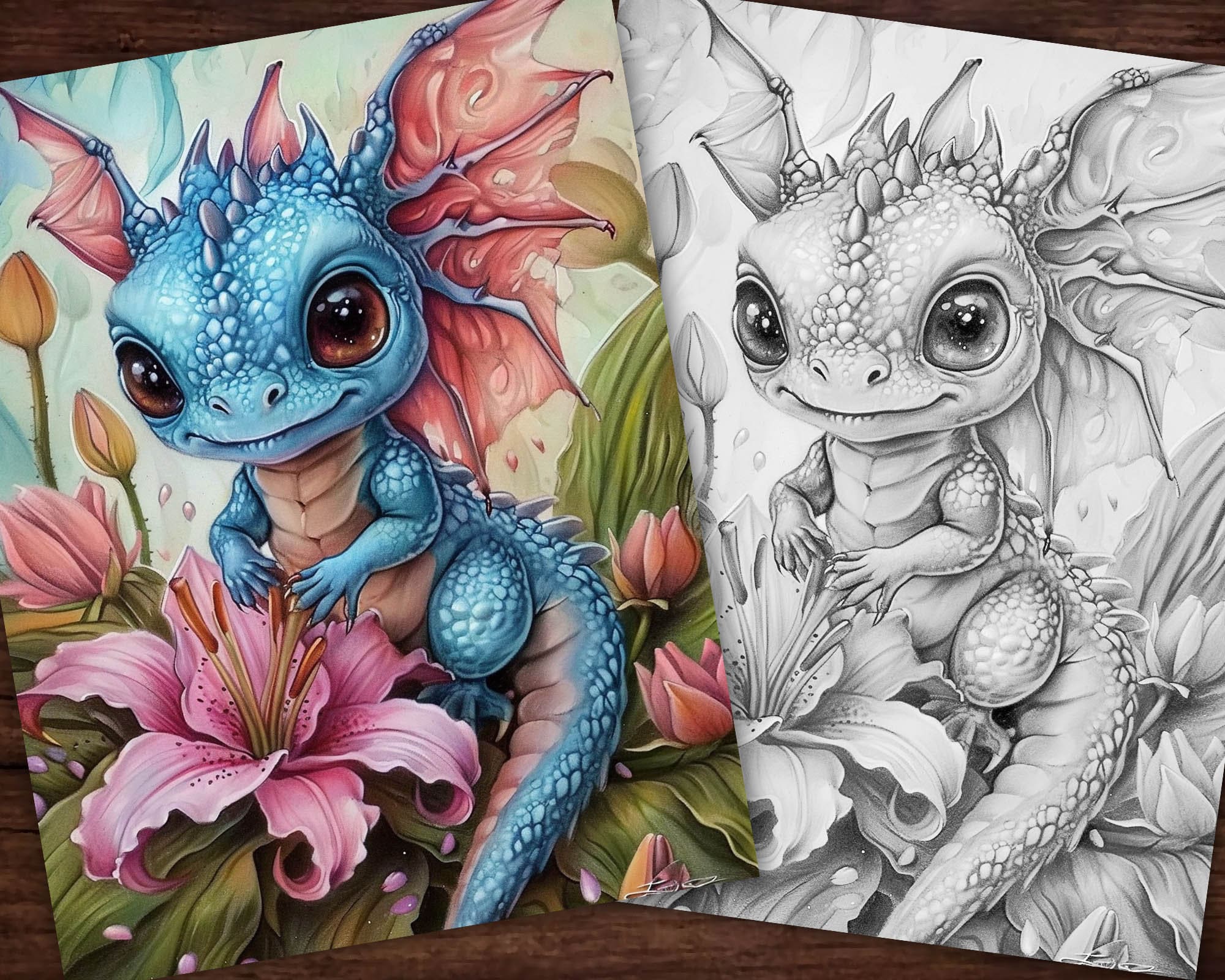 Baby Blooming Flower Dragon #3 Fantasy Coloring Page, Adults + kids-…