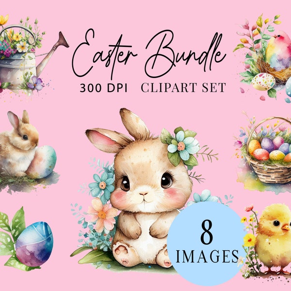 Easter Bundle Watercolor Clip Art Set (12 Graphics) Illustration Instant Download; crafting, commercial, Easter Bunny Clipart, Easter art
