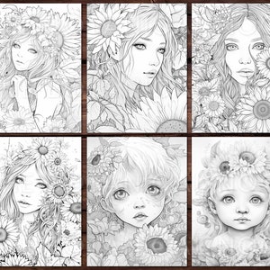 May include: A collection of six black and white illustrations featuring portraits of people adorned with sunflowers and other floral elements. The drawings are detailed and suitable for coloring, with a focus on faces and floral arrangements.