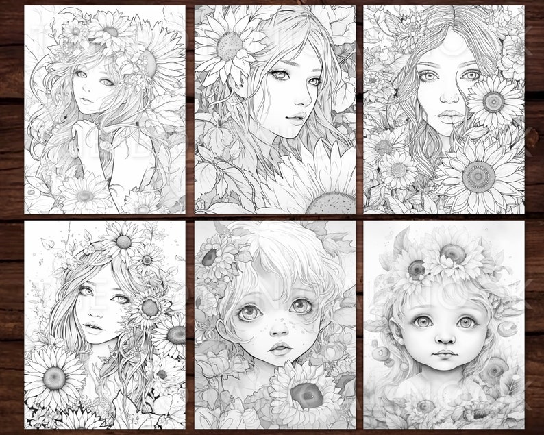 May include: A collection of six black and white illustrations featuring portraits of people adorned with sunflowers and other floral elements. The drawings are detailed and suitable for coloring, with a focus on faces and floral arrangements.