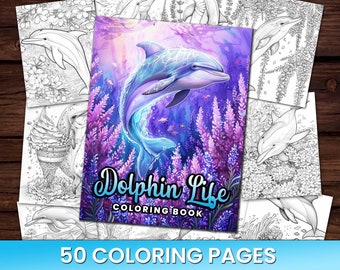 Paquete variado de 50 delfines, libro para colorear, páginas para colorear en escala de grises para adultos y niños, descarga instantánea, océano, delfines en flor, para colorear
