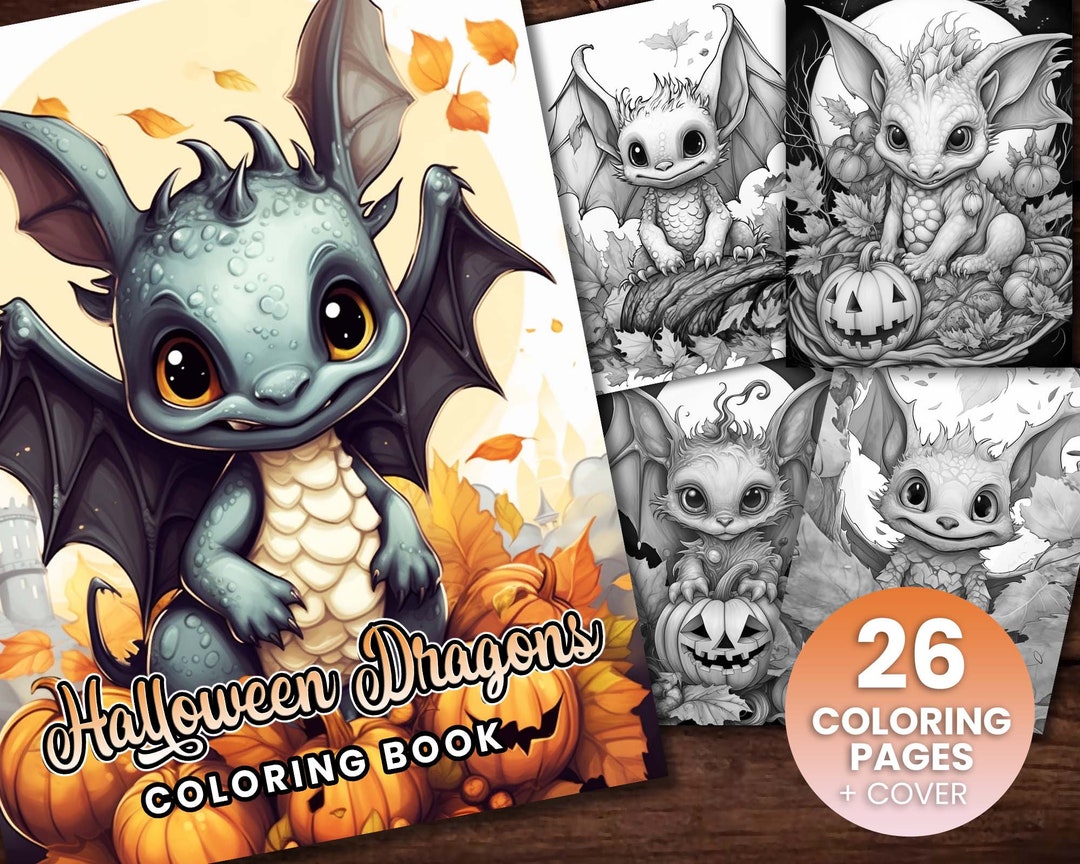 26 Baby Halloween Dragon Fantasy Coloring Page Book, Adults + Kids- Instant Download Grayscale ...