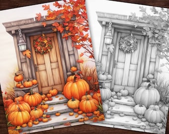 Autumn Door Entry Coloring Page, Adults + kids- Download - Grayscale Coloring Page - Gift, Printable PDF, Houses Halloween, pumpkins Fall