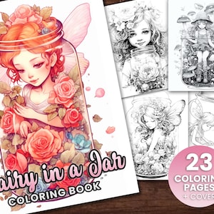23 Fairies in a Jar Fantasy Anime Malvorlagen Buch, Erwachsene + Kinder- Sofort Download - Graustufen Ausmalen - Geschenk, Printable PDF, fairires