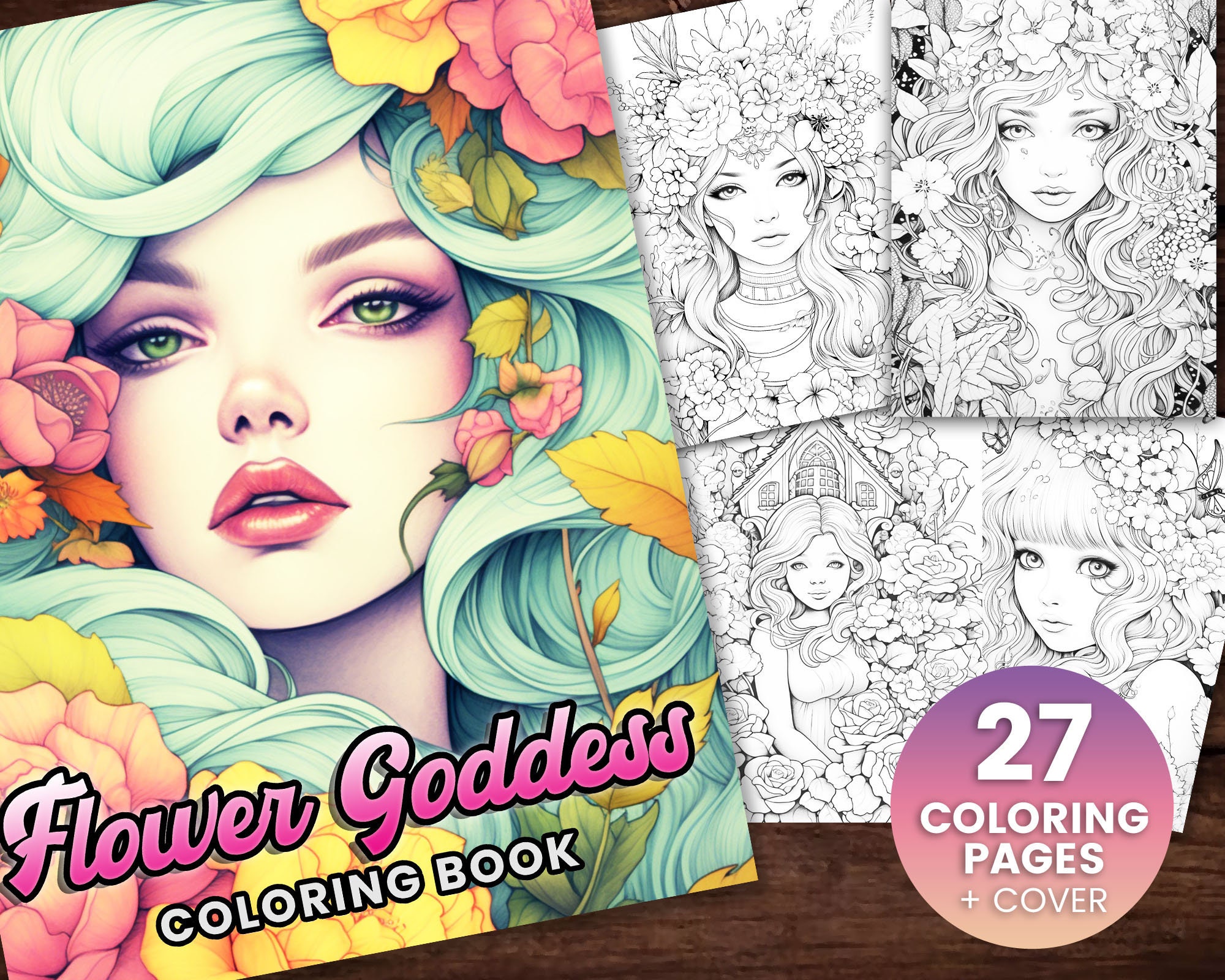 27 Color Pages 27 Flower Goddess Coloring Page, Adults + Kids- Download - Grayscale ...