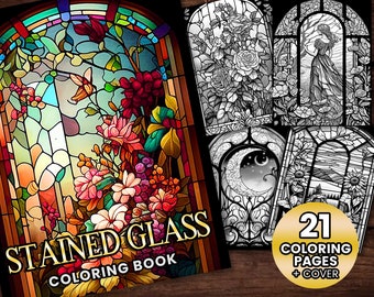 21 Stained Glass Collection Coloring Page, Adults + kids- Instant Download - Grayscale Coloring Page - Gift, Printable PDF, stained glass