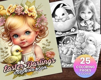 25 Darlings de Pascua Lindo Conejito, Pollitos y Huevos Página para colorear, Adultos + niños- Descarga instantánea - Página para colorear en escala de grises - Regalo, PDF imprimible