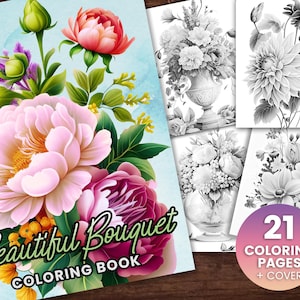 21 Flower Bouquet Collection Coloring Page, Adults + kids- Instant Download - Grayscale Coloring Page - Gift, Printable PDF, flower art