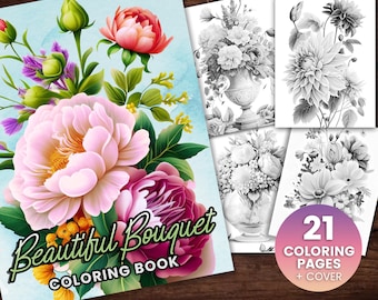 21 Flower Bouquet Collection Coloring Page, Adults + kids- Instant Download - Grayscale Coloring Page - Gift, Printable PDF, flower art