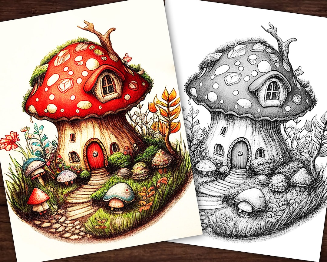 10 Mushroom House Coloring Pages Printable for Adults: Escape into a Whimsical World