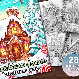 28 Gingerbread Homes Coloring Book, Adults kids Instant Download -Grayscale Coloring Book -Printable PDF, Christmas Houses, Holiday, Ginge