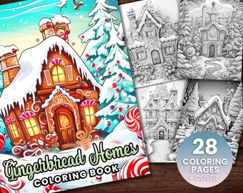 28 Gingerbread Homes Coloring Book, Adults kids Instant Download -Grayscale Coloring Book -Printable PDF, Christmas Houses, Holiday, Ginge