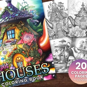 20 Teapot Houses Coloring Book, Adults kids Instant Download -Grayscale Coloring Book -Printable PDF, fairies, fantasy coloring, moon