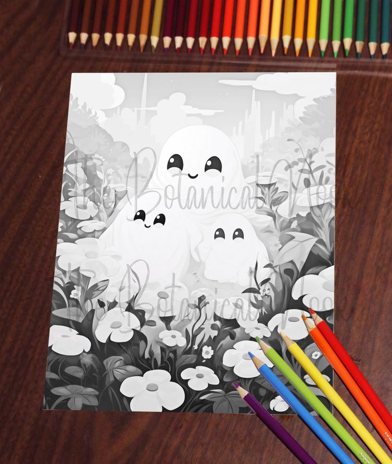 Puede incluir: Una p&aacute;gina para colorear en blanco y negro con tres fantasmas amigables en un campo de flores. Los fantasmas tienen ojos grandes y sonrisas. Las flores son simples y f&aacute;ciles de colorear.