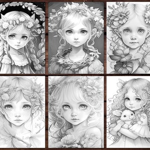 May include: Six black and white illustrations of girls with flowers in their hair. Each girl has a different hairstyle and expression. The illustrations are in a whimsical style.