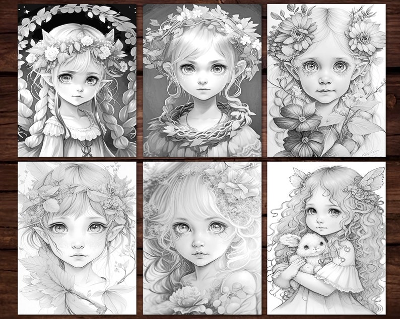 May include: Six black and white illustrations of girls with flowers in their hair. Each girl has a different hairstyle and expression. The illustrations are in a whimsical style.