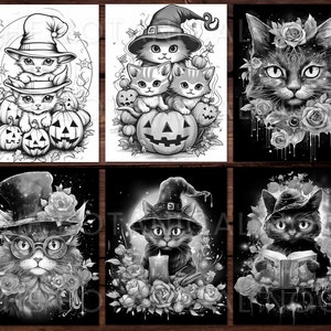 K&ouml;nnte beinhalten: Sechs Schwarzwei&szlig;illustrationen von Katzen in verschiedenen Halloweenkost&uuml;men. Das erste Bild zeigt drei Katzen, die Hexenh&uuml;te tragen und K&uuml;rbisse halten. Das zweite Bild zeigt eine Katze, die einen Hexenhut tr&auml;gt und einen K&uuml;rbis h&auml;lt. Das dritte Bild zeigt eine Katze mit einer Blumenkrone. Das vierte Bild zeigt eine Katze, die einen Zylinder und eine Brille tr&auml;gt. Das f&uuml;nfte Bild zeigt eine Katze, die einen Hexenhut tr&auml;gt und eine Kerze h&auml;lt. Das sechste Bild zeigt eine Katze, die einen Hexenhut tr&auml;gt und ein Buch h&auml;lt.