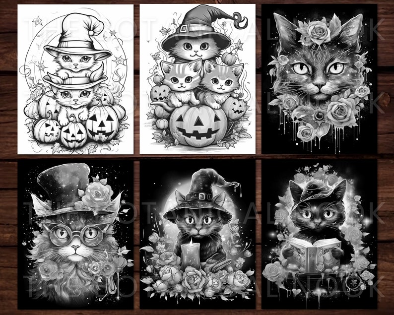 K&ouml;nnte beinhalten: Sechs Schwarzwei&szlig;illustrationen von Katzen in verschiedenen Halloweenkost&uuml;men. Das erste Bild zeigt drei Katzen, die Hexenh&uuml;te tragen und K&uuml;rbisse halten. Das zweite Bild zeigt eine Katze, die einen Hexenhut tr&auml;gt und einen K&uuml;rbis h&auml;lt. Das dritte Bild zeigt eine Katze mit einer Blumenkrone. Das vierte Bild zeigt eine Katze, die einen Zylinder und eine Brille tr&auml;gt. Das f&uuml;nfte Bild zeigt eine Katze, die einen Hexenhut tr&auml;gt und eine Kerze h&auml;lt. Das sechste Bild zeigt eine Katze, die einen Hexenhut tr&auml;gt und ein Buch h&auml;lt.