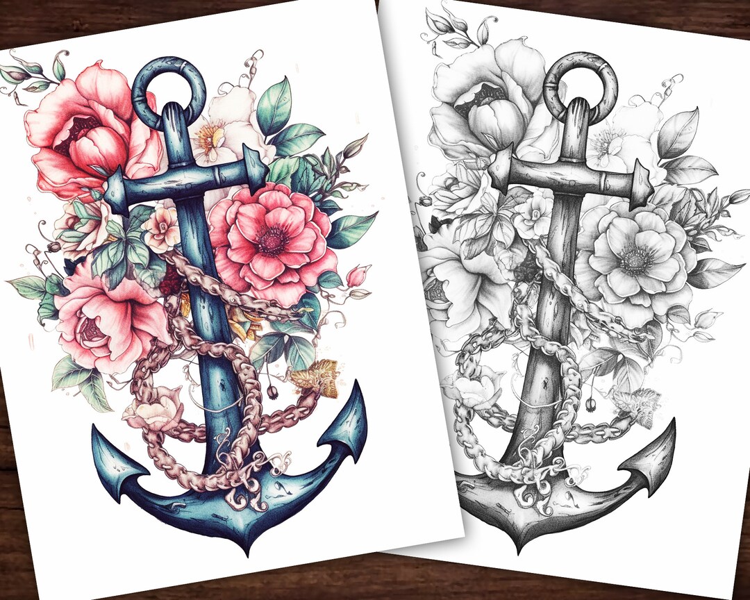 Flower Anchor Coloring Page, Adults Kids Instant Download Grayscale