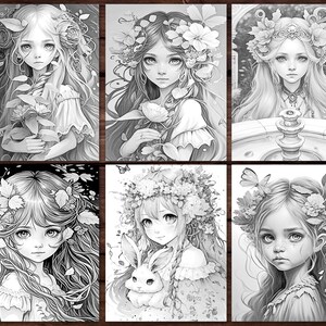 May include: Six black and white illustrations of girls with floral crowns and flowing hair. Each girl is surrounded by flowers and leaves. The illustrations are in a whimsical style.